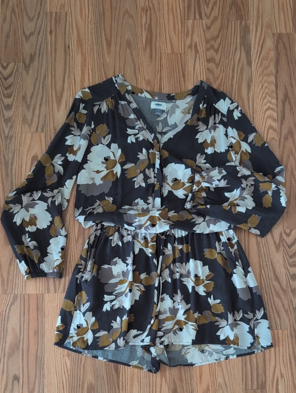 Old Navy Gray Floral Long-Sleeve Romper with White and Mustard Accents